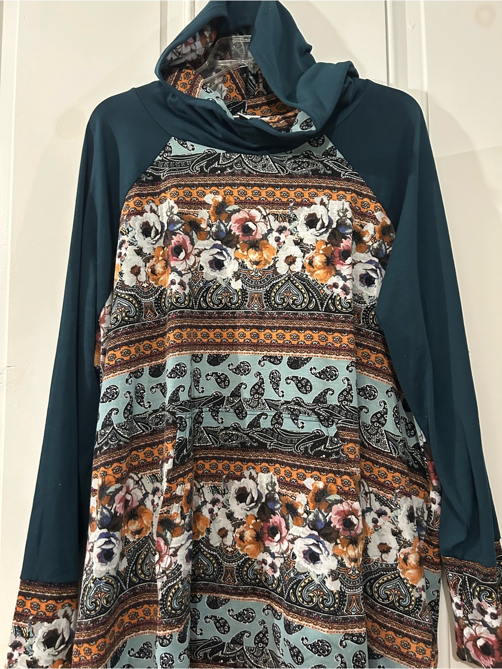 LuLaRoe Teal Hooded Pullover with Floral Paisley Panel